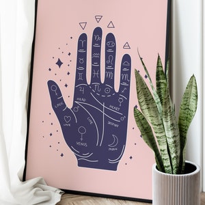 Palmistry Hand Print. Boho art print, palm reader fortune teller decor, beginner witch art print, witchy things image 2
