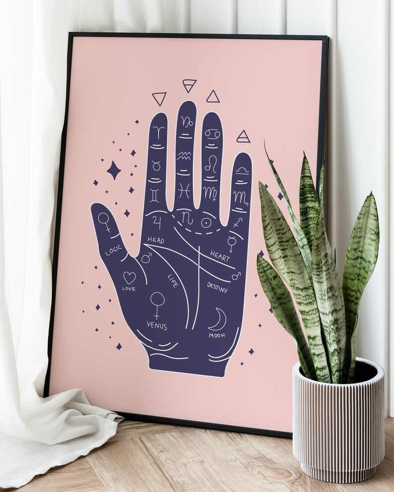 Palmistry Hand Print. Boho art print, palm reader fortune teller decor, beginner witch art print, witchy things image 2