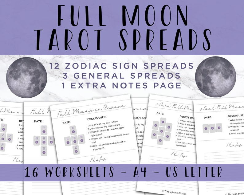 May include: A set of 16 printable tarot spread worksheets for full moon readings. The worksheets are designed for A4 or US Letter paper size and feature a gray and white color scheme with a full moon graphic. The text on the worksheets includes "Full Moon Tarot Spreads", "12 Zodiac Sign Spreads", "3 General Spreads", "1 Extra Notes Page", and "16 Worksheets - A4 - US Letter".