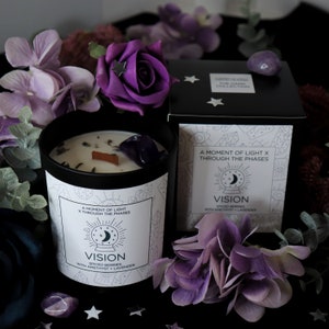 VISION Spiced Berry Scented Intention Candle with Amethyst Crystal Dried Lavender Homemade Crystal Infused Intuition Candle, Wooden Wick image 3