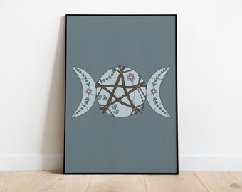Triple Moon Print. Witchy room decor, mystical pagan home decor, magical wall art, wiccan pentagram poster