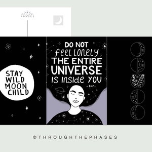Space Postcard Pack of 3 Prints 4x6 postcard moon, rumi quote uplifting print, stay wild moon child witch postcard, moon phase wall art image 3