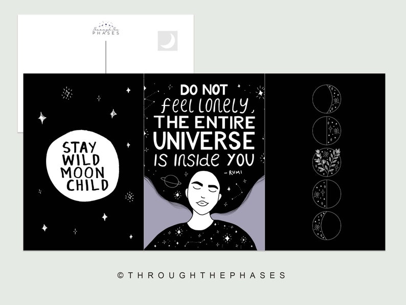 Space Postcard Pack of 3 Prints 4x6 postcard moon, rumi quote uplifting print, stay wild moon child witch postcard, moon phase wall art image 3