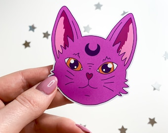 Pink Witchy Cat Sticker - celestial cat witch familiar, kawaii cat planner stickers, cute witchy kitty cat laptop sticker, spooky magic