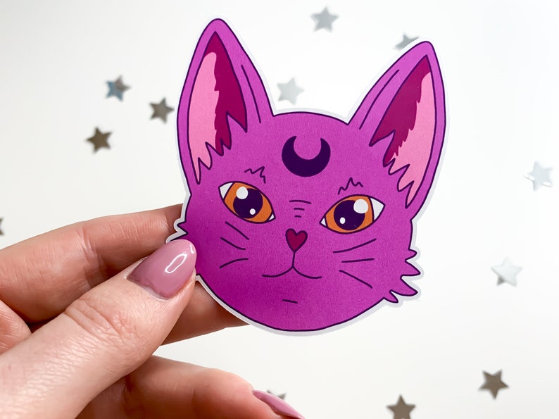 Pink Witchy Cat Sticker celestial cat witch familiar, kawaii cat planner stickers, cute witchy kitty cat laptop sticker, spooky magic image 1