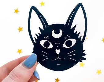 Witchcraft Cat Sticker Black & White - occult magic, witchy space black cat sticker, gothic goth sticker, waterbottle witch stickers