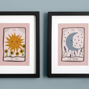 De zon en de maan Tarot Art Print Set, roze Boho Wall Art Set, Witchy Sun Moon Tarot Card Poster A4