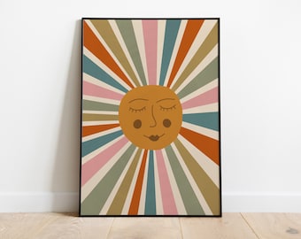 Hippie Sunburst Print. Abstract playroom prints, happy yellow sun poster, fun boho nursery decor, groovy kids room wall art