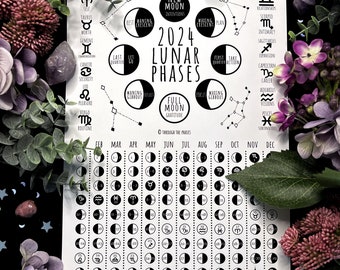 2024 Lunar Calendar Print - Full Moon Calendar Poster, Large Witchy Moon Phase Wall Art, Celestial New Year Gift for Her, Astrology Decor