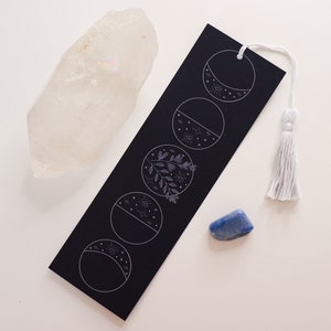 Navy Witchy Moon Phase Bookmark with Tassel - moon stationary, handmade wiccan bookmark, celestial witch, cute lunar goth, bookish gifts