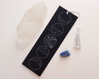 Navy Witchy Moon Phase Bookmark with Tassel - moon stationary, handmade wiccan bookmark, celestial witch, cute lunar goth, bookish gifts