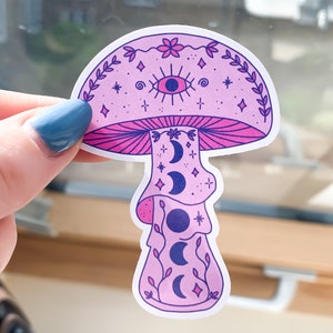 Pink Moon Mushroom Sticker hippie toadstool, cottagecore stickers, cute witch sticker, trendy waterbottle stickers, magic mushrooms image 6