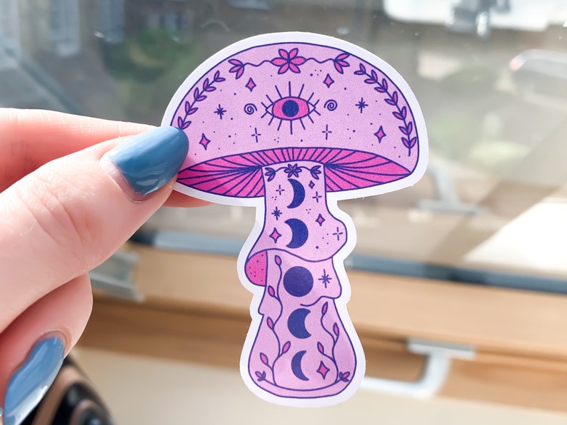 Pink Moon Mushroom Sticker hippie toadstool, cottagecore stickers, cute witch sticker, trendy waterbottle stickers, magic mushrooms image 6