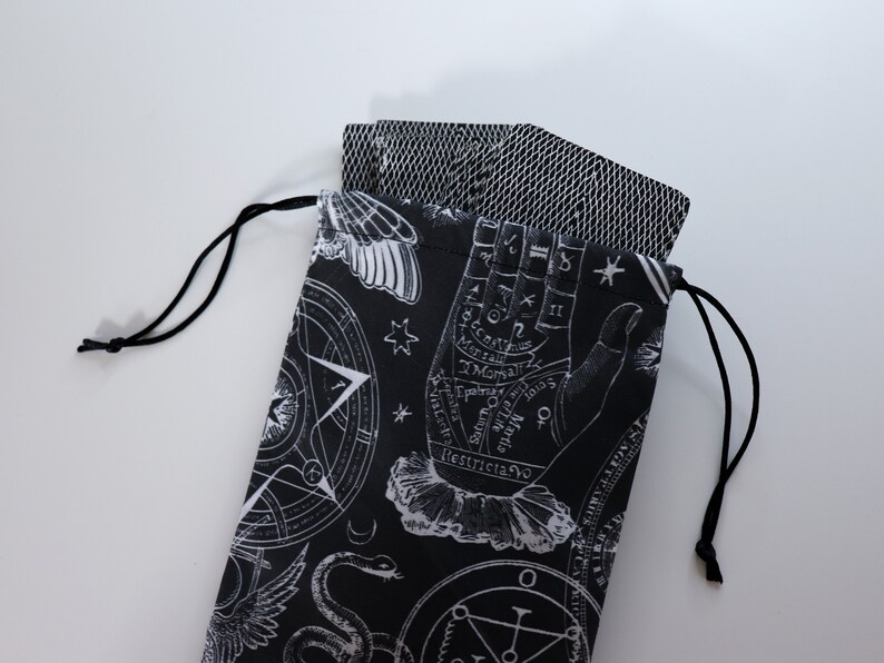 Occult Print Tarot Bag Black and white tarot pouch, fabric tarot card holder, witchy tarot card bag, small tarot pouch, tarot card pouch image 3