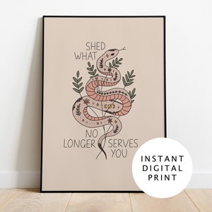 Floral Snake Print Digital. Spiritual art print, snake lover gift, unique reptile illustration, snake wall decoration, boho home decor