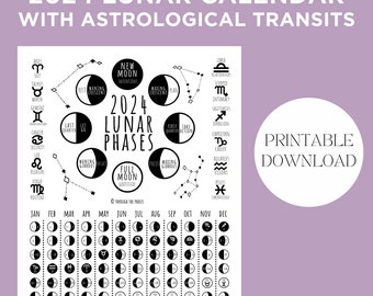 2024 Lunar Calendar Printable - Digital Full Moon Calendar, Witchy Zodiac Calendar PDF, New Moon Phase, Astrology Gifts, Celestial