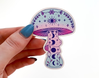 Pastel Witchy Moon Mushroom Sticker - trippy psychedelic toadstool sticker, cottagecore, watercolor hippie nature stickers