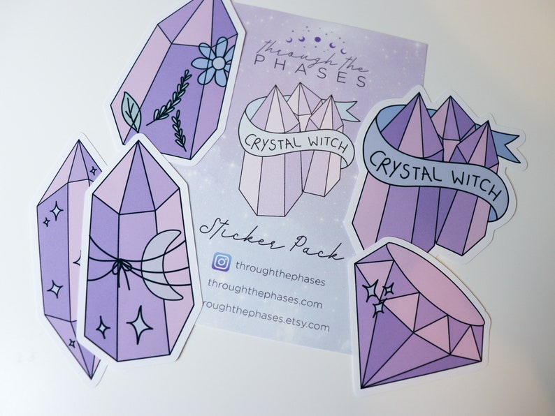 Crystal Witch Sticker Pack Pink crystal stickers, purple witchy stickers pack, pastel witch stickers, spiritual stickers pack Large