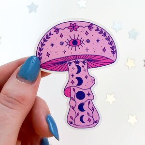 Pink Moon Mushroom Sticker hippie toadstool, cottagecore stickers, cute witch sticker, trendy waterbottle stickers, magic mushrooms image 4