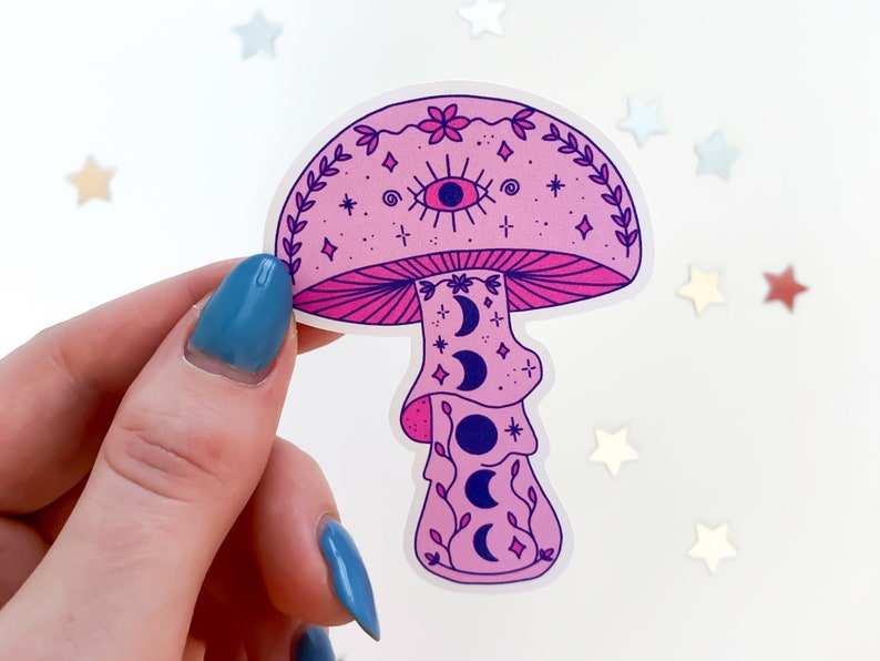 Pink Moon Mushroom Sticker hippie toadstool, cottagecore stickers, cute witch sticker, trendy waterbottle stickers, magic mushrooms image 4