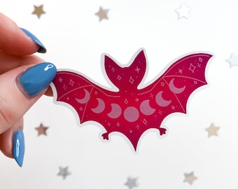 Bright Pink Bat Sticker with Moon Phases - cute witchy sticker, spooky galaxy bat, vampire bat gothic waterbottle or laptop sticker