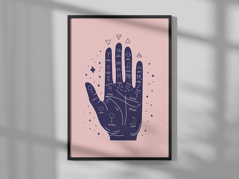 Palmistry Hand Print. Boho art print, palm reader fortune teller decor, beginner witch art print, witchy things image 6