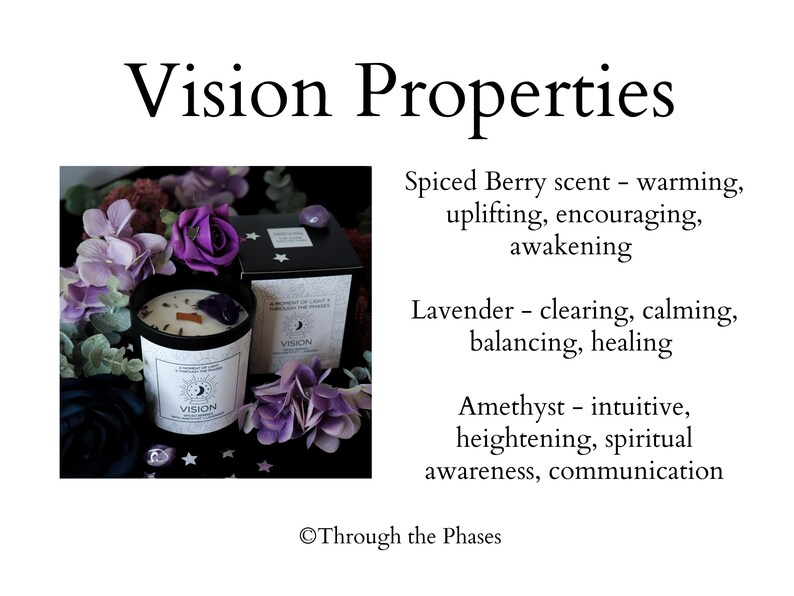 VISION Spiced Berry Scented Intention Candle with Amethyst Crystal Dried Lavender Homemade Crystal Infused Intuition Candle, Wooden Wick image 5