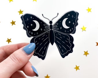 Moon Moth Sticker Black & White - cute lunar celestial moth sticker, moon butterfly stickers, nature die cut sticker, water bottle stickers