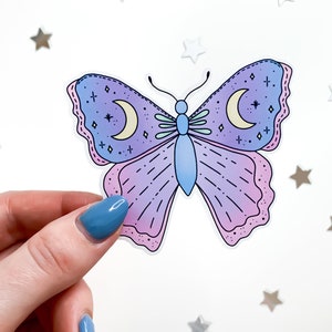 Adesivo de borboleta lunar pastel - linda mariposa da lua, monarca, adesivos de borboleta arco-íris, estética boho, adesivo de garrafa de água