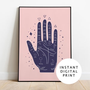 Póster espiritual digital con estampado de manos de quiromancia. Decoración del hogar de brujas, Obra de arte zen, Arte de pared gitana, Decoración de habitación rosa mística