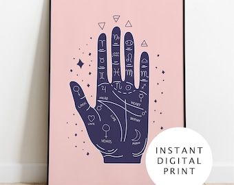 Palmistry Hand Print Spiritual Poster Digital. Witchy home decor, zen artwork, gypsy wall art, mystical pink room decor