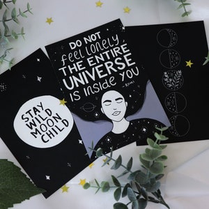 Space Postcard Pack of 3 Prints 4x6 postcard moon, rumi quote uplifting print, stay wild moon child witch postcard, moon phase wall art image 1