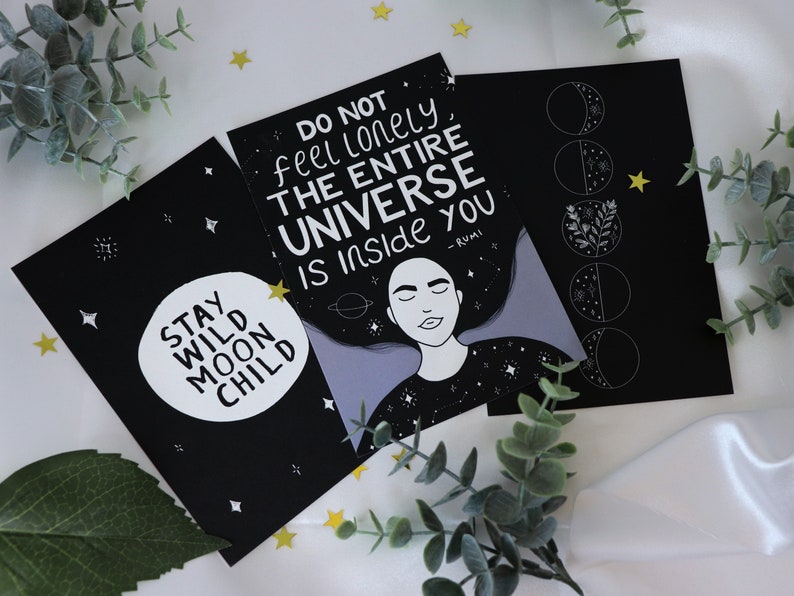 Space Postcard Pack of 3 Prints 4x6 postcard moon, rumi quote uplifting print, stay wild moon child witch postcard, moon phase wall art image 1