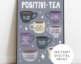 Positivitea Tea Cup Poster Digital. Daily affirmations wall art, kitchen wall decor, tea quote dining room print, tea party theme decor
