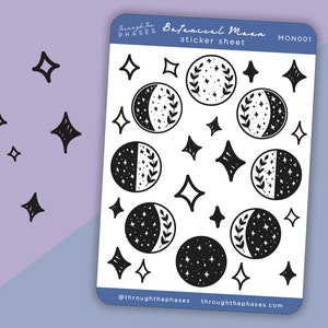 Adesivos botânicos da Lua | Folha de adesivos do ciclo lunar | Adesivos celestiais | Adesivo de fases da lua | Ciclos lunares | Adesivos da lua cheia