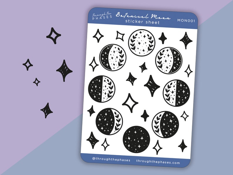 Botanical Moon Stickers Lunar Cycle Sticker Sheet Celestial Stickers Moon Phase Sticker Moon Cycles Full Moon Stickers image 1