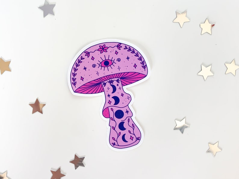 Pink Moon Mushroom Sticker hippie toadstool, cottagecore stickers, cute witch sticker, trendy waterbottle stickers, magic mushrooms image 9