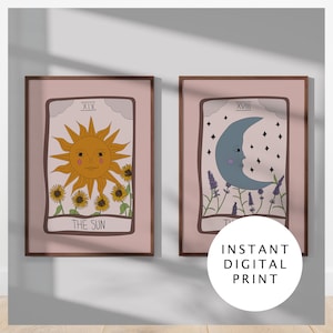 Zon en maan tarotkaart wordt digitaal afgedrukt. Heksenmuurkunst, tarotkaartposter, hemelse muurdecor, spiritueel en boho-huisdecor