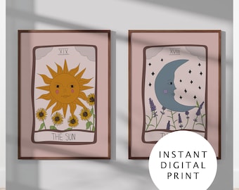 Sun and Moon Tarot Card Prints Digital. Witchy wall art, tarot card poster, celestial wall decor, spiritual and boho home decor
