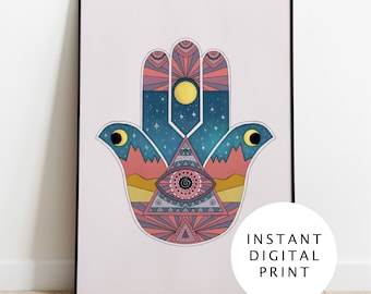 Hamsa Wall Art Digital Print. Evil eye print, spiritual wall decor, zen hand of Fatima poster, trendy boho home, mystical artwork