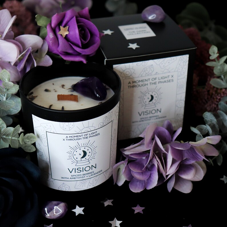 VISION Spiced Berry Scented Intention Candle with Amethyst Crystal Dried Lavender Homemade Crystal Infused Intuition Candle, Wooden Wick image 1
