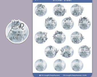 2024 Full Moon Calendar Sticker Sheet - Grimoire Journal Stickers, Book of Shadows, Witchy Astrology Planner, Lunar Calendar, Wicca, Pagan