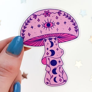 Pink Moon Mushroom Sticker hippie toadstool, cottagecore stickers, cute witch sticker, trendy waterbottle stickers, magic mushrooms image 2