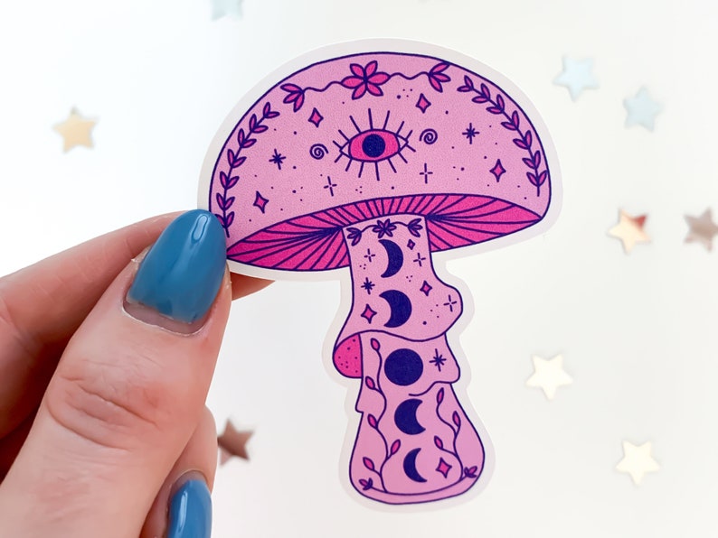 Pink Moon Mushroom Sticker hippie toadstool, cottagecore stickers, cute witch sticker, trendy waterbottle stickers, magic mushrooms image 2