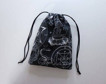 Occult Print Tarot Bag | Black Tarot Card Holder, Small Witch Bag, Occult Supplies, Drawstring Tarot Pouch