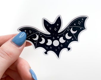 Black & White Galaxy Bat Sticker - cute vampire bat stickers, gothic occult, spooky horror, moon stickers, halloween