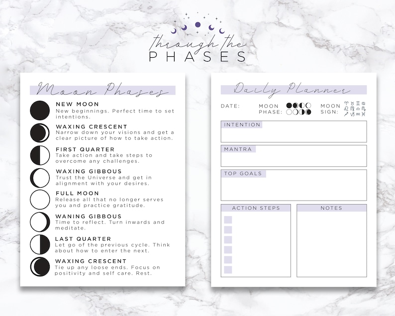Pode incluir: Um planejador imprim&iacute;vel com um design roxo e branco. O planejador &eacute; dividido em duas se&ccedil;&otilde;es: Fases da Lua e Planejador Di&aacute;rio. A se&ccedil;&atilde;o Fases da Lua apresenta uma ilustra&ccedil;&atilde;o em preto e branco da lua em cada uma de suas fases. A se&ccedil;&atilde;o Planejador Di&aacute;rio inclui espa&ccedil;o para a data, a fase lunar, o signo lunar, a inten&ccedil;&atilde;o, o mantra, os objetivos principais, as etapas de a&ccedil;&atilde;o e as notas.