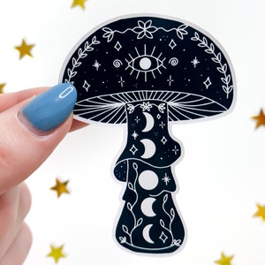 Black & White Witchy Mushroom Moon Stickers - paddenstoelsticker, donkere cottagecore, magische paddestoel, heksstickers, waterflessticker
