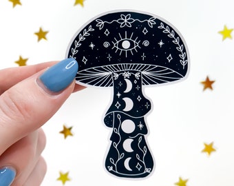 Black & White Witchy Mushroom Moon Stickers - paddenstoelsticker, donkere cottagecore, magische paddestoel, heksstickers, waterflessticker