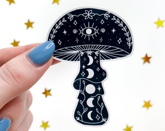 Black & White Witchy Mushroom Moon Stickers - toadstool sticker, dark cottagecore, magic mushroom, witch stickers, waterbottle sticker